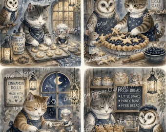 Moonlight Bakery Junk Journal Kit Whimsical Cat Mouse Owl Printable Ephemera, Bakery Digital Papers Baking Journal Pages Digital Download