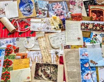 Christmas Ephemera Bundle Kit 2026! Antique  + Vintage Papers, Stickers,  Stencils, Xmas Junk Journal Supplies, buttons, over 100 + pieces!