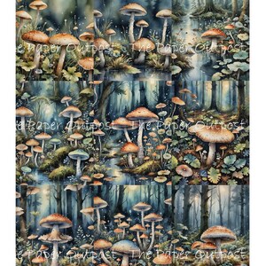 May include: A digital collage of nine watercolor paintings featuring a whimsical forest scene with mushrooms of various sizes and colors. The mushrooms are depicted in a variety of poses, some with their caps open and others with their caps closed. The forest is depicted in a dark and mysterious way, with tall trees and a thick canopy of leaves. The overall effect is one of magic and wonder.
