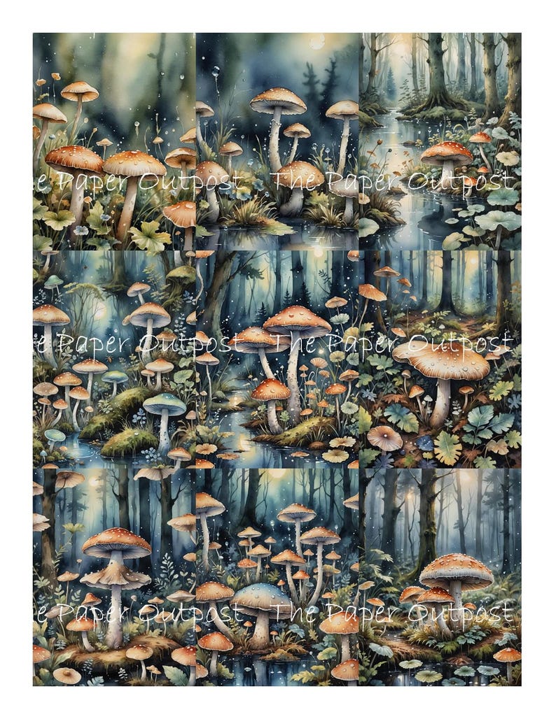 May include: A digital collage of nine watercolor paintings featuring a whimsical forest scene with mushrooms of various sizes and colors. The mushrooms are depicted in a variety of poses, some with their caps open and others with their caps closed. The forest is depicted in a dark and mysterious way, with tall trees and a thick canopy of leaves. The overall effect is one of magic and wonder.
