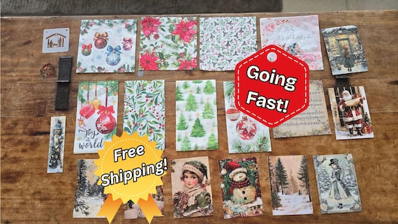 Christmas Ephemera Bundle: Junk Journal Supplies Old + New Mix Xmas Craft Items! Antique, Vintage papers stickers napkins, cards 100+ items