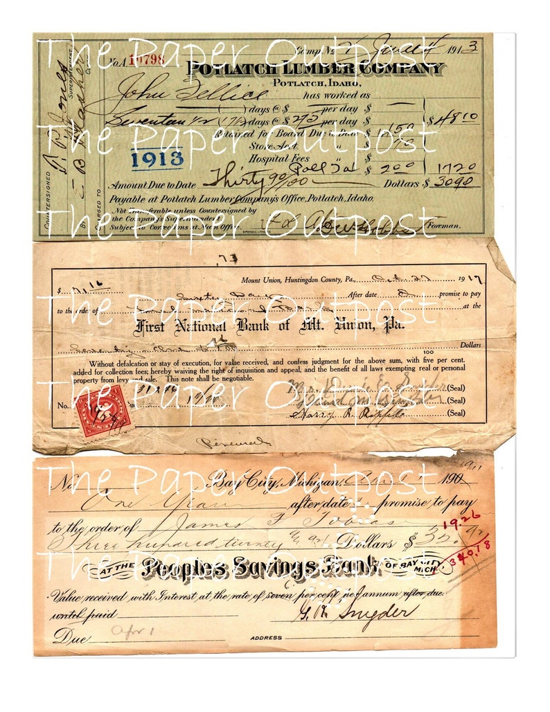 May include: Three vintage paper receipts from the early 1900s. The first receipt is from the Potlatch Lumber Company in Potlatch, Idaho. The second receipt is from the First National Bank of Mt. Union, Pennsylvania. The third receipt is from the Peoples Savings Bank of Bay City, Michigan.