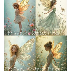 May include: Four digital art prints featuring fairy illustrations. Each fairy has large, detailed wings and is wearing a flowing dress. The background includes flowers and butterflies. The text "The Paper Outpost Paper" is at the bottom of each image.
