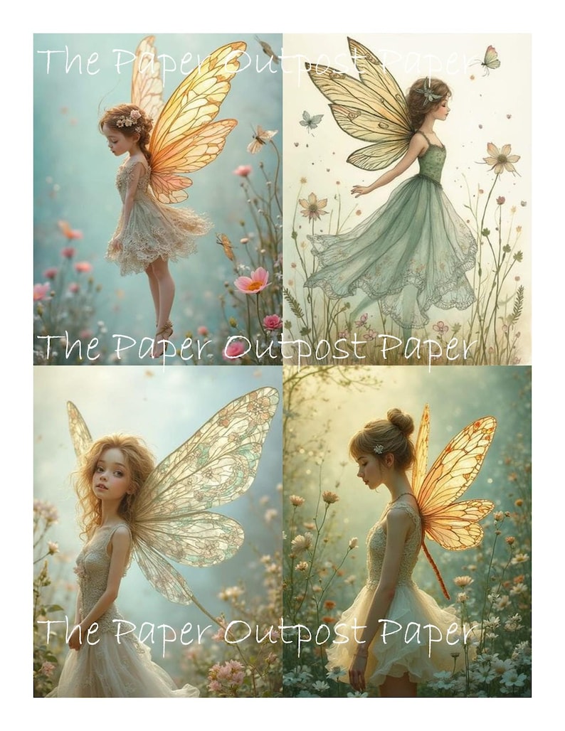 May include: Four digital art prints featuring fairy illustrations. Each fairy has large, detailed wings and is wearing a flowing dress. The background includes flowers and butterflies. The text "The Paper Outpost Paper" is at the bottom of each image.