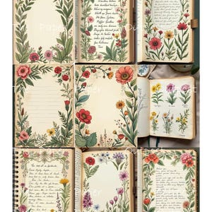 May include: A selection of open journals and notebooks, each adorned with floral illustrations. The journals display diverse floral border designs, showcasing flowers in red, pink, yellow, and purple hues. Some pages feature handwritten text.