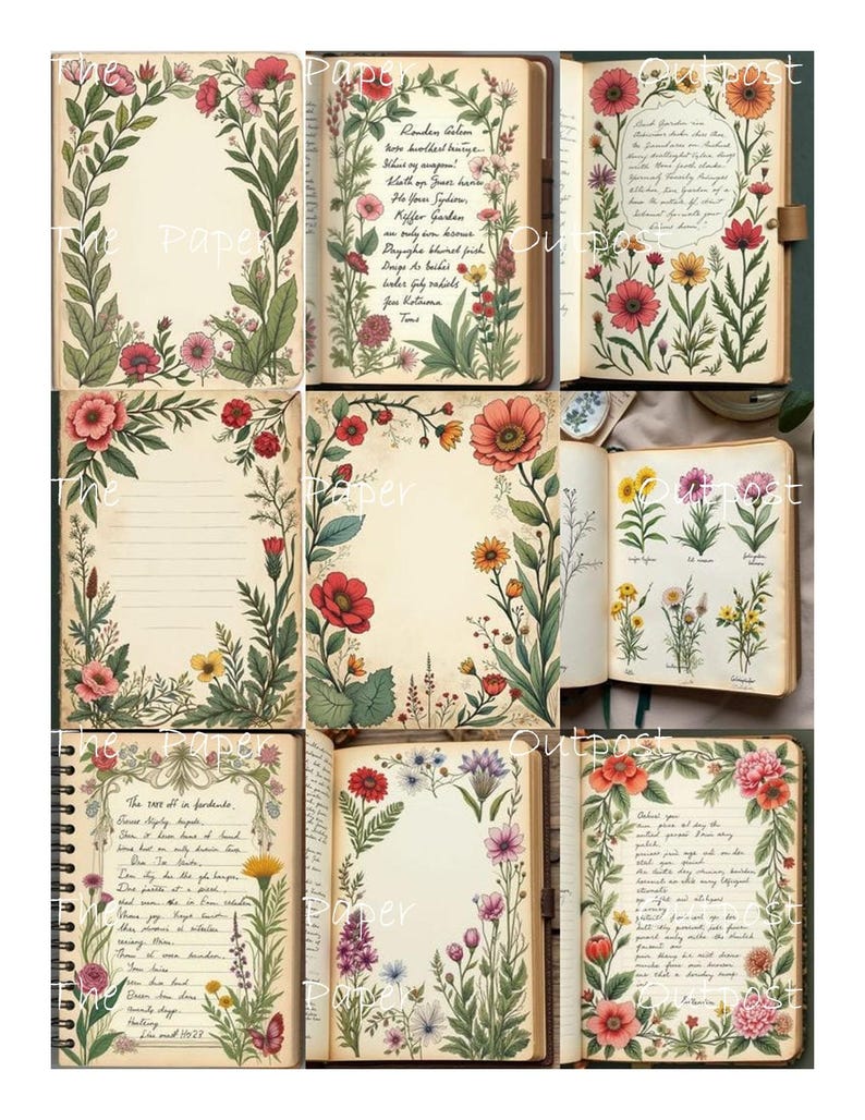 May include: A selection of open journals and notebooks, each adorned with floral illustrations. The journals display diverse floral border designs, showcasing flowers in red, pink, yellow, and purple hues. Some pages feature handwritten text.