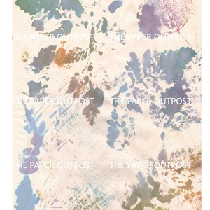 May include: Abstract art print featuring a light beige background with blue, green, and brown leaf shapes. The print has a watercolor effect and is reminiscent of nature.