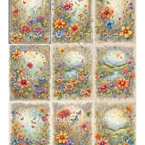 May include: Nine digital collage sheets featuring whimsical floral designs with butterflies, stars, and a landscape scene. The images are in a vintage style with a light beige background and ornate frames.