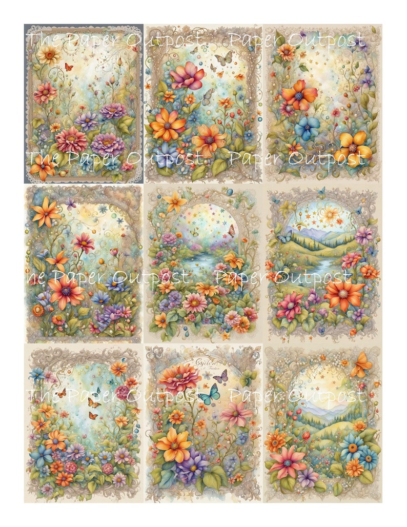 May include: Nine digital collage sheets featuring whimsical floral designs with butterflies, stars, and a landscape scene. The images are in a vintage style with a light beige background and ornate frames.