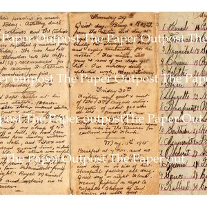 Puede incluir: Un documento antiguo con papel envejecido y amarillento que presenta entradas manuscritas en cursiva fechadas entre abril y mayo de 1915. El texto incluye registros militares diarios y una lista numerada de treinta palabras en tinta marr&oacute;n sobre papel rayado.