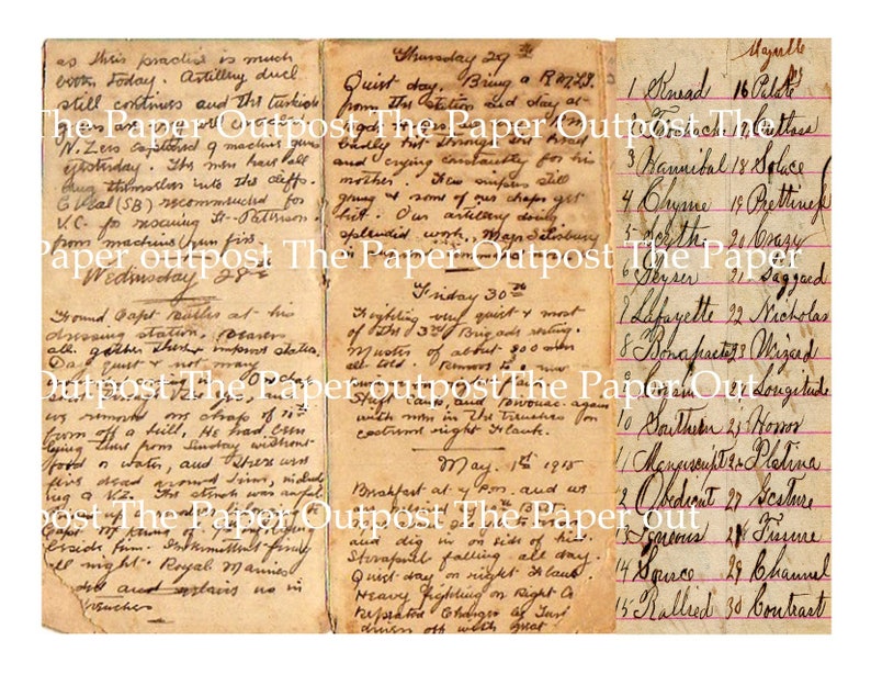 Puede incluir: Un documento antiguo con papel envejecido y amarillento que presenta entradas manuscritas en cursiva fechadas entre abril y mayo de 1915. El texto incluye registros militares diarios y una lista numerada de treinta palabras en tinta marr&oacute;n sobre papel rayado.