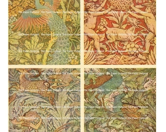 May include: A vintage illustration of a peacock with a green and blue tail, surrounded by floral patterns in shades of green, yellow, and brown. The illustration is printed on paper with a textured surface.