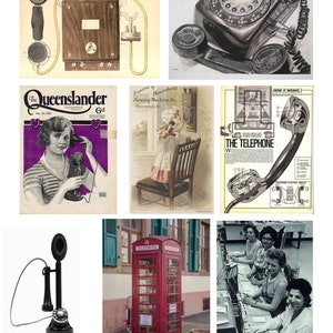 May include: A collage of vintage and modern telephones. The images include a black rotary dial phone, a red telephone booth, a black rotary phone with a cord, a woman using a rotary phone, and a diagram of a telephone.