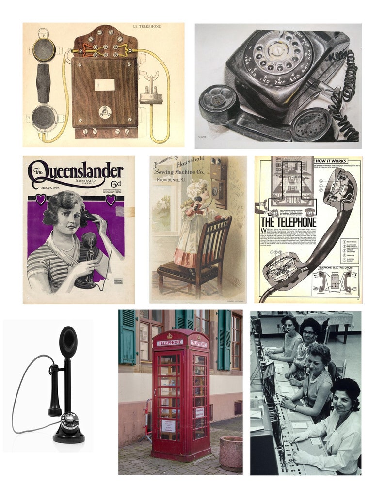 May include: A collage of vintage and modern telephones. The images include a black rotary dial phone, a red telephone booth, a black rotary phone with a cord, a woman using a rotary phone, and a diagram of a telephone.