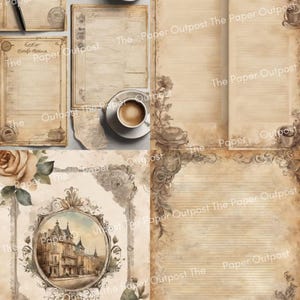 May include: A collection of vintage-style stationery papers featuring sepia-toned parchment textures, lined writing areas, ornate floral borders, and an oval frame containing an illustration of a building, accented by coffee cups and pens.