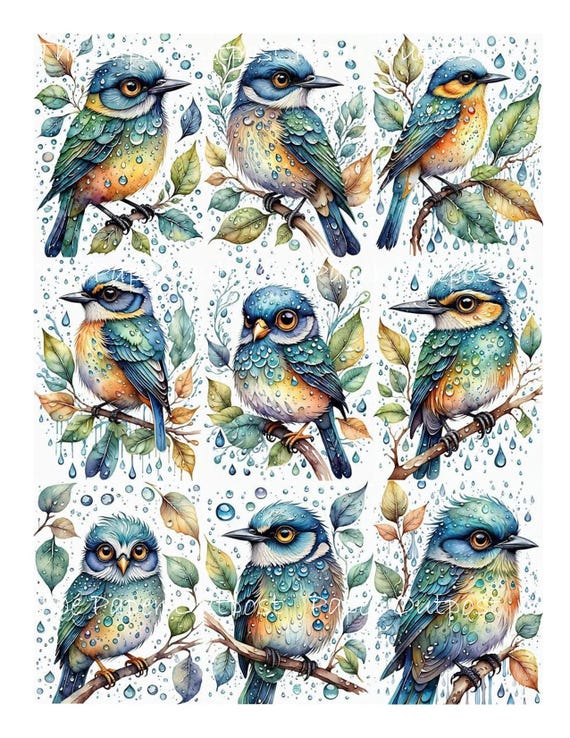 Bird In Rain Digikit, Printable Fantasy Bird, Blue Bird, Green Bird, Rainy Bird Images (Digital Download)