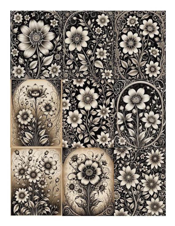 FLOWERS BOLD NEUTRAL Digikit, Printable flower, black and white, sepia, botanical, floral, art deco flower Images (Digital Download)