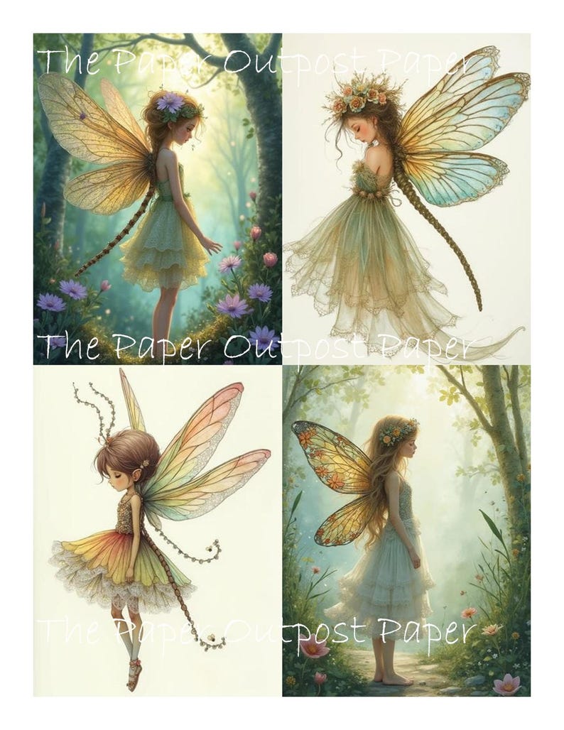 May include: Four digital art prints featuring fairies in a forest setting. Each fairy has delicate wings and wears a dress. The text "The Paper Outpost Paper" is printed at the bottom of each image.