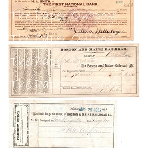 May include: Three vintage documents, including a promissory note from The First National Bank of Hanover, Pennsylvania, dated June 1923, a receipt from the Boston and Maine Railroad dated May 1871, and a freight check from the Boston and Maine Railroad dated May 28, 1873.
