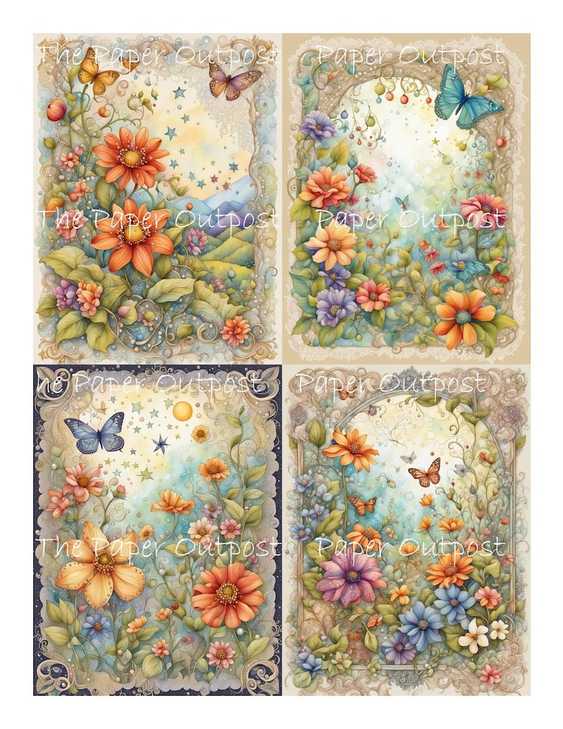 May include: Four digital collage images featuring a whimsical garden scene with butterflies, flowers, and stars. The images are framed with ornate borders and have a vintage aesthetic.