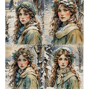 May include: Four digital illustrations of women with long brown hair wearing winter clothing and a wreath of holly on their heads. The women are set against a snowy winter background with trees and houses.