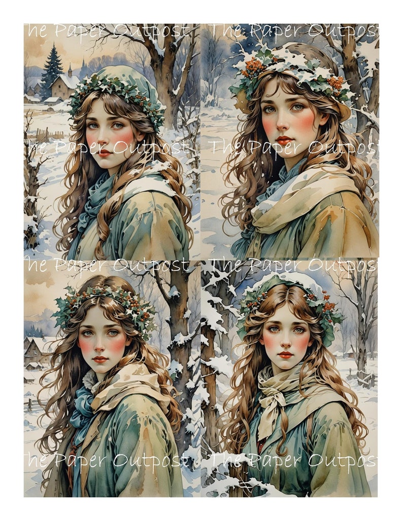 May include: Four digital illustrations of women with long brown hair wearing winter clothing and a wreath of holly on their heads. The women are set against a snowy winter background with trees and houses.