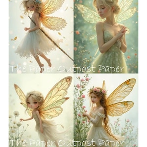 May include: A collage of four images featuring fairies with delicate wings and flowing dresses. The fairies are surrounded by flowers and soft lighting. The text "The Paper Outpost Paper" is printed across the bottom of each image.