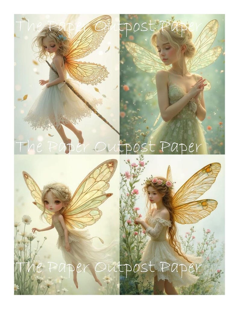 May include: A collage of four images featuring fairies with delicate wings and flowing dresses. The fairies are surrounded by flowers and soft lighting. The text "The Paper Outpost Paper" is printed across the bottom of each image.