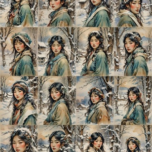 May include: A digital painting of a woman with long dark hair wearing a blue and green traditional Korean dress. She is wearing a crown of holly and berries and has a rosy glow on her cheeks. The background is a snowy winter scene with trees and a small house.