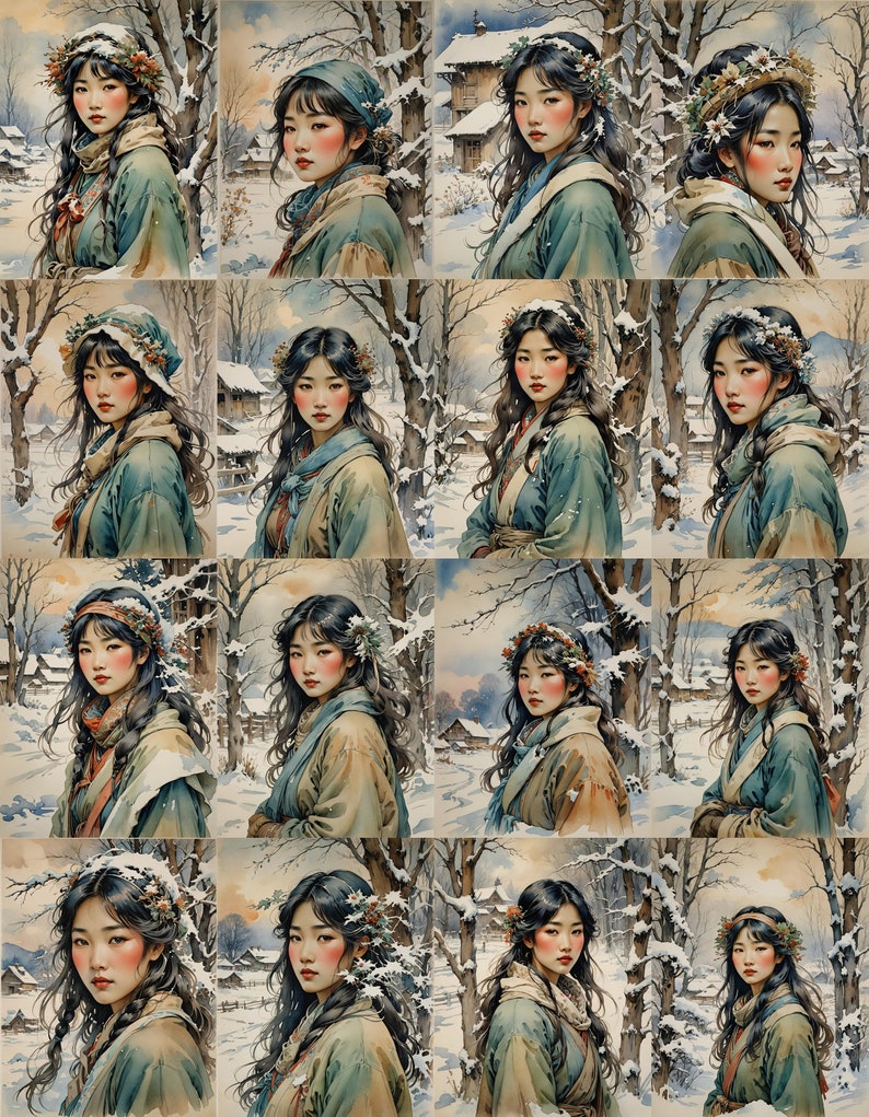 May include: A digital painting of a woman with long dark hair wearing a blue and green traditional Korean dress. She is wearing a crown of holly and berries and has a rosy glow on her cheeks. The background is a snowy winter scene with trees and a small house.