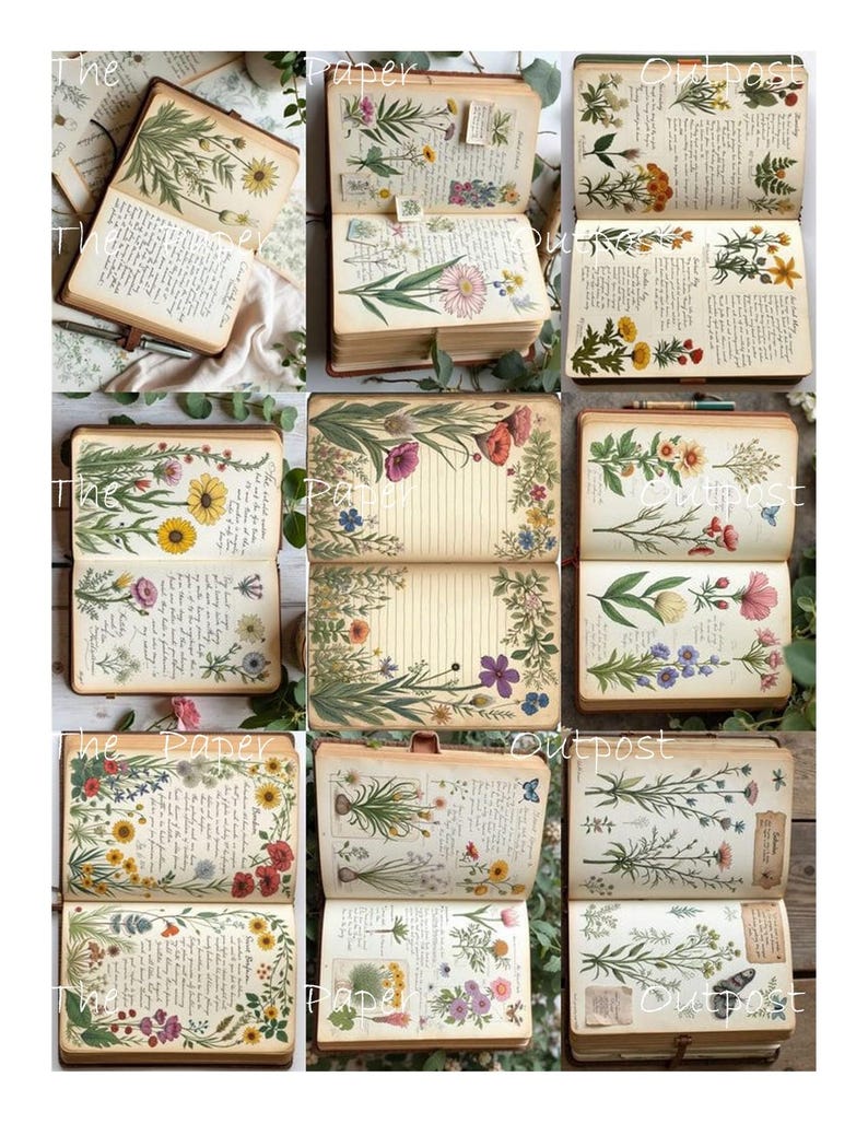 May include: A selection of vintage journals and notebooks featuring floral illustrations. The open books showcase botanical designs in various colours, including yellow, pink, and purple. The text "The Paper Outpost" is visible.