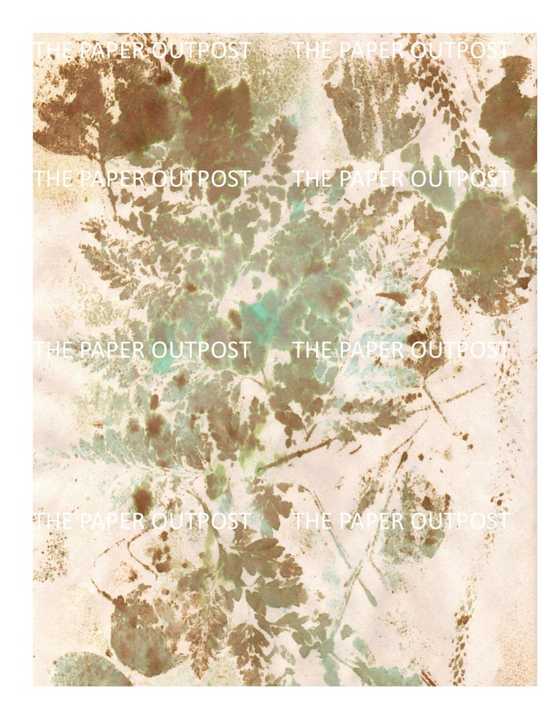 May include: Abstract art print with a light beige background and brown and green leaf patterns. The print has the text "The Paper Outpost" repeated throughout.