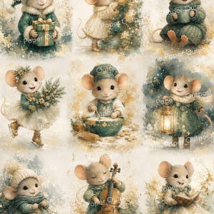 May include: A collection of nine illustrations featuring anthropomorphic mice in winter attire. The mice are depicted engaging in holiday activities including holding gifts, decorating a tree, baking, ice skating, carrying a lantern, sledding, and playing a cello.