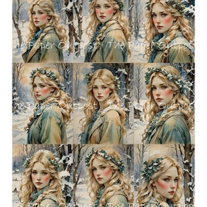 May include: Nine digital illustrations of a woman with long blonde hair wearing a green and brown winter coat and a wreath of holly on her head. The background is a snowy forest scene.