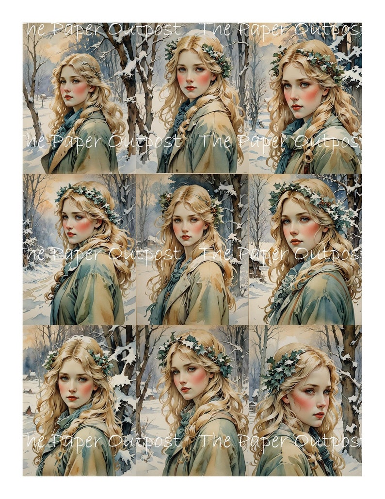 May include: Nine digital illustrations of a woman with long blonde hair wearing a green and brown winter coat and a wreath of holly on her head. The background is a snowy forest scene.