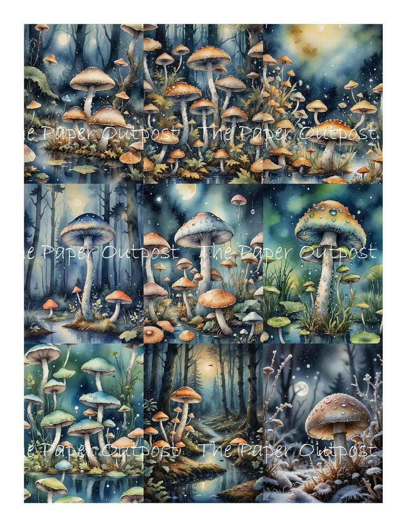 May include: A collage of nine watercolor paintings featuring mushrooms in a forest setting. The mushrooms are various colors, including red, orange, yellow, brown, and white. The forest is dark and mysterious, with tall trees and a stream running through it. The paintings are all framed in a white border.