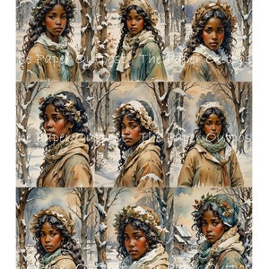 May include: Nine digital illustrations of a young woman with dark brown hair and brown eyes. She is wearing a variety of winter clothing, including a brown coat, a white bonnet, and a green scarf. The background is a snowy forest.