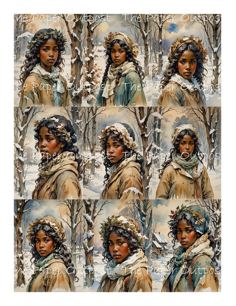 May include: Nine digital illustrations of a young woman with dark brown hair and brown eyes. She is wearing a variety of winter clothing, including a brown coat, a white bonnet, and a green scarf. The background is a snowy forest.
