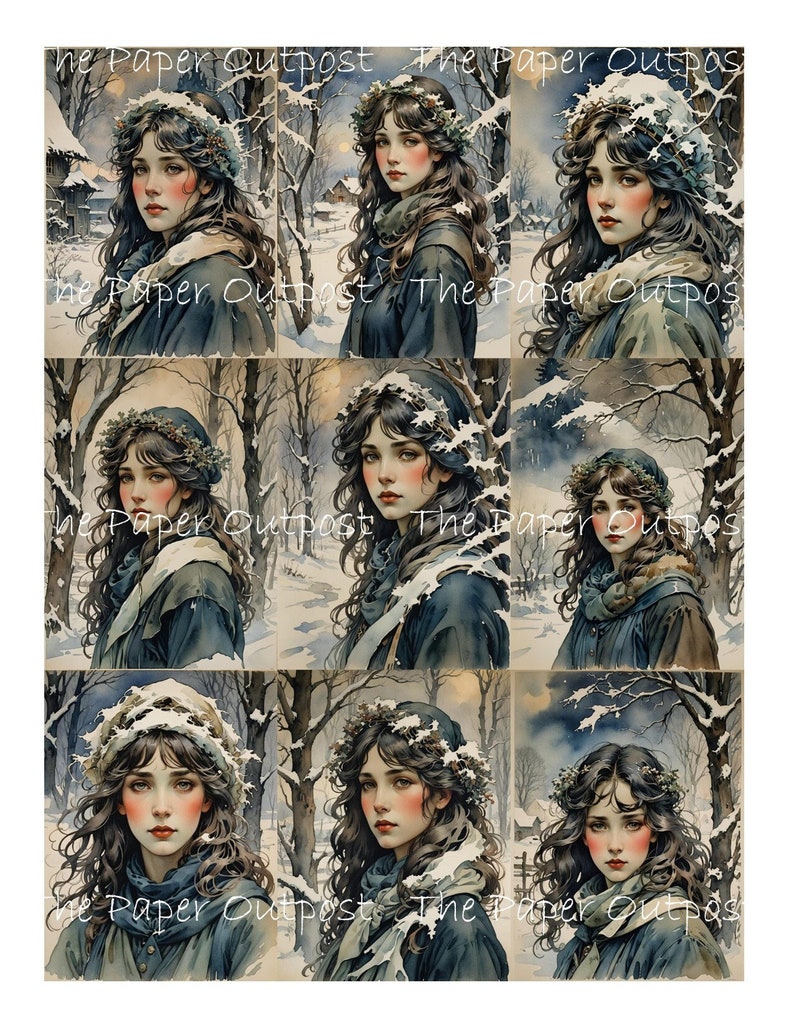 May include: Nine digital illustrations of women with long dark hair wearing winter clothing and a wreath of holly and snow on their heads. The women are set against a snowy forest background.