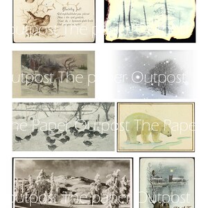 May include: A collection of vintage postcards featuring winter scenes. The postcards are in black and white and feature images of snow-covered landscapes, trees, and animals. The text on the postcards reads "Gladelig Jul!" and "The Paper Outpost".