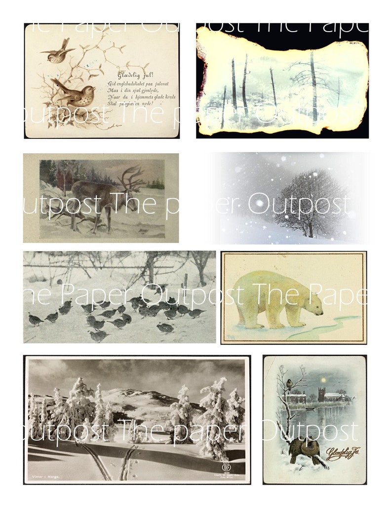May include: A collection of vintage postcards featuring winter scenes. The postcards are in black and white and feature images of snow-covered landscapes, trees, and animals. The text on the postcards reads "Gladelig Jul!" and "The Paper Outpost".