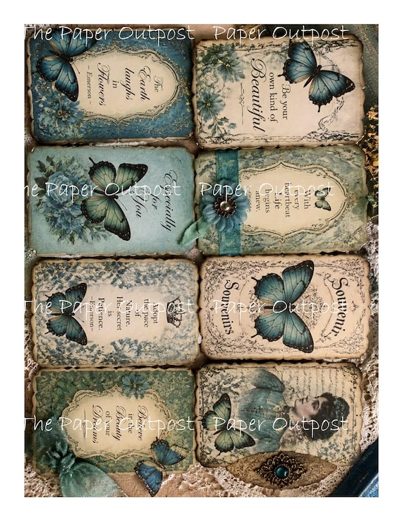 BUTTERFLY BLUE GREEN DigiKit Printable Images, Watercolor Botanical Collage Elements (Digital Download) Pam at The Paper Outpost