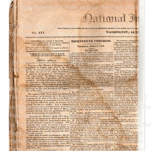 May include: A vintage newspaper clipping from the National Intelligencer, dated April 9, 1824, with the headline "Virginia - The Election of Delegates to the Legislature of Virginia takes place in all this State."