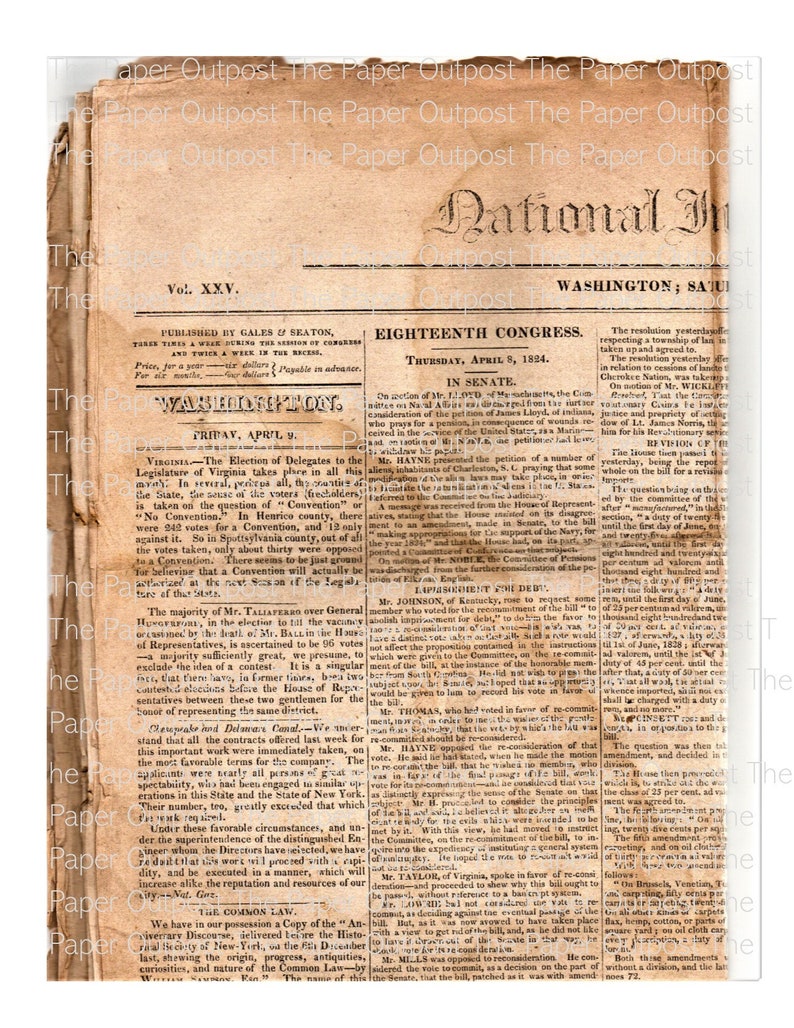 May include: A vintage newspaper clipping from the National Intelligencer, dated April 9, 1824, with the headline "Virginia - The Election of Delegates to the Legislature of Virginia takes place in all this State."