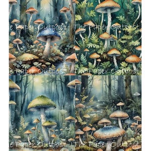 May include: A digital illustration of a forest scene with a variety of mushrooms in different colors and sizes. The mushrooms are growing in a clearing in the forest, near a small stream. The background is a lush green forest with tall trees and a blue sky.