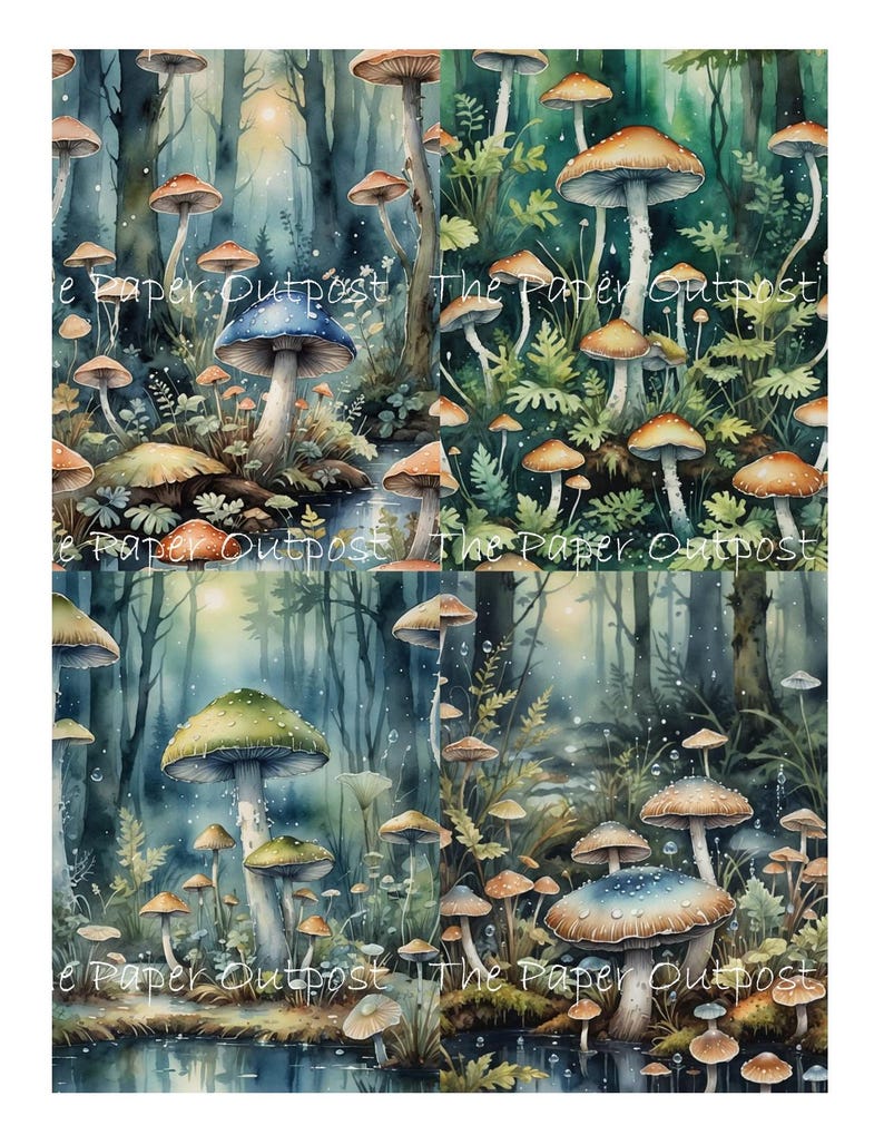May include: A digital illustration of a forest scene with a variety of mushrooms in different colors and sizes. The mushrooms are growing in a clearing in the forest, near a small stream. The background is a lush green forest with tall trees and a blue sky.