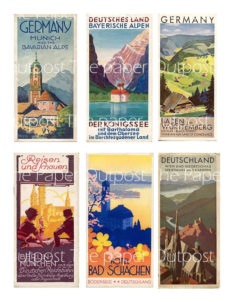 May include: Six vintage travel posters advertising destinations in Germany. The posters feature scenic landscapes, including mountains, lakes, and forests. The text on the posters includes the names of the destinations, such as "Germany, Munich and the Bavarian Alps", "Deutsches Land Bayerische Alpen", "Der K&ouml;nigssee", "Baden-W&uuml;rttemberg", "Deutschland Wien und Niederdonau Steiermark und K&auml;rnten", and "Bad Schachen Bodensee Deutschland".