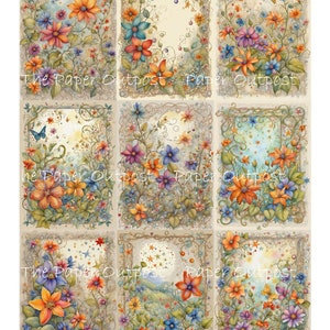May include: Nine digital printable cards featuring floral designs with a vintage aesthetic. Each card has a different floral arrangement with a variety of colours, including blue, purple, orange, and yellow. The cards are framed with ornate borders and have a light brown background.