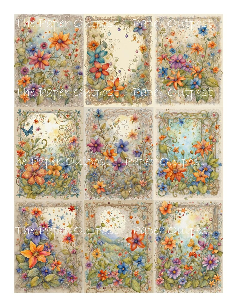 May include: Nine digital printable cards featuring floral designs with a vintage aesthetic. Each card has a different floral arrangement with a variety of colours, including blue, purple, orange, and yellow. The cards are framed with ornate borders and have a light brown background.