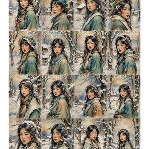 May include: A digital collage of twelve images featuring women with long dark hair wearing winter clothing and floral crowns. The women are set against a snowy winter background with trees and houses.